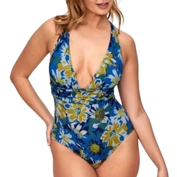 Adore Me Monroe One Piece Swimsuit Womens 1X Blue Yellow Floral Plunging V-Neck - Picture 1 of 6